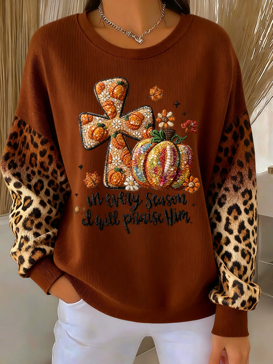 Women's Thanksgiving Vintage Leopard Print Pumpkin Casual Pullover