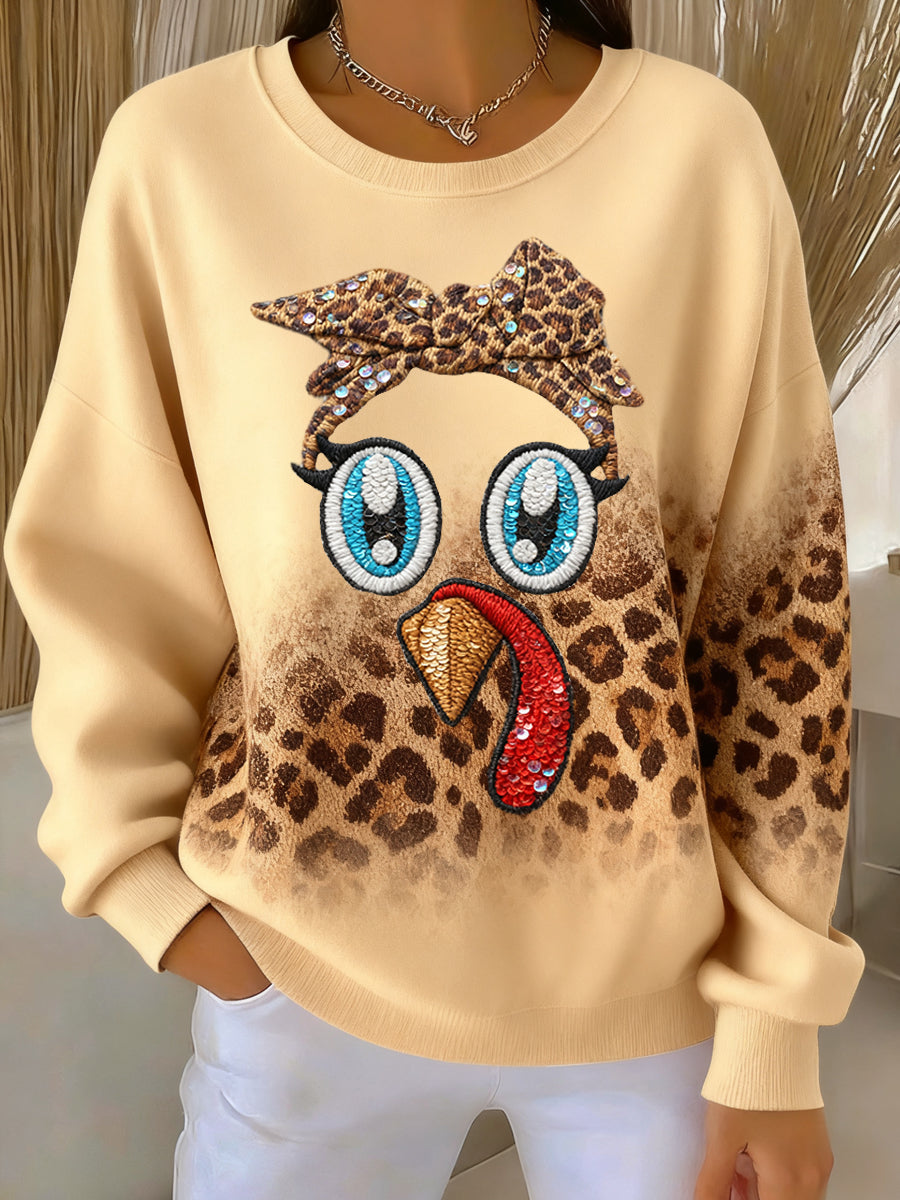 Women's Thanksgiving Vintage Leopard Print Turkey Casual Pullover