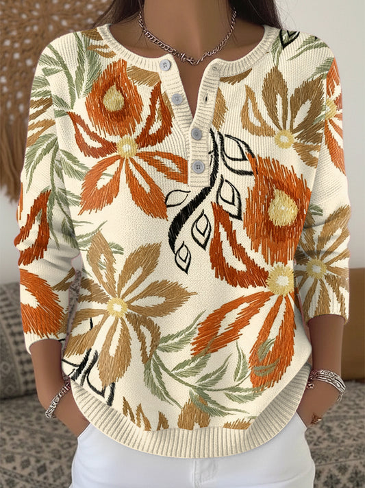 Women's Autumn Thanksgiving Floral Henley neck sweater