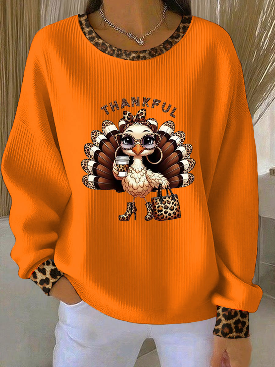 Women's Thanksgiving Print Ribbed Round-Neck Sweatshirt
