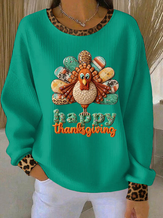Women's Casual Thanksgiving Ribbed Round-Neck Sweatshirt