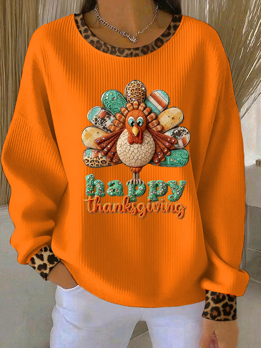 Women's Casual Thanksgiving Ribbed Round-Neck Sweatshirt