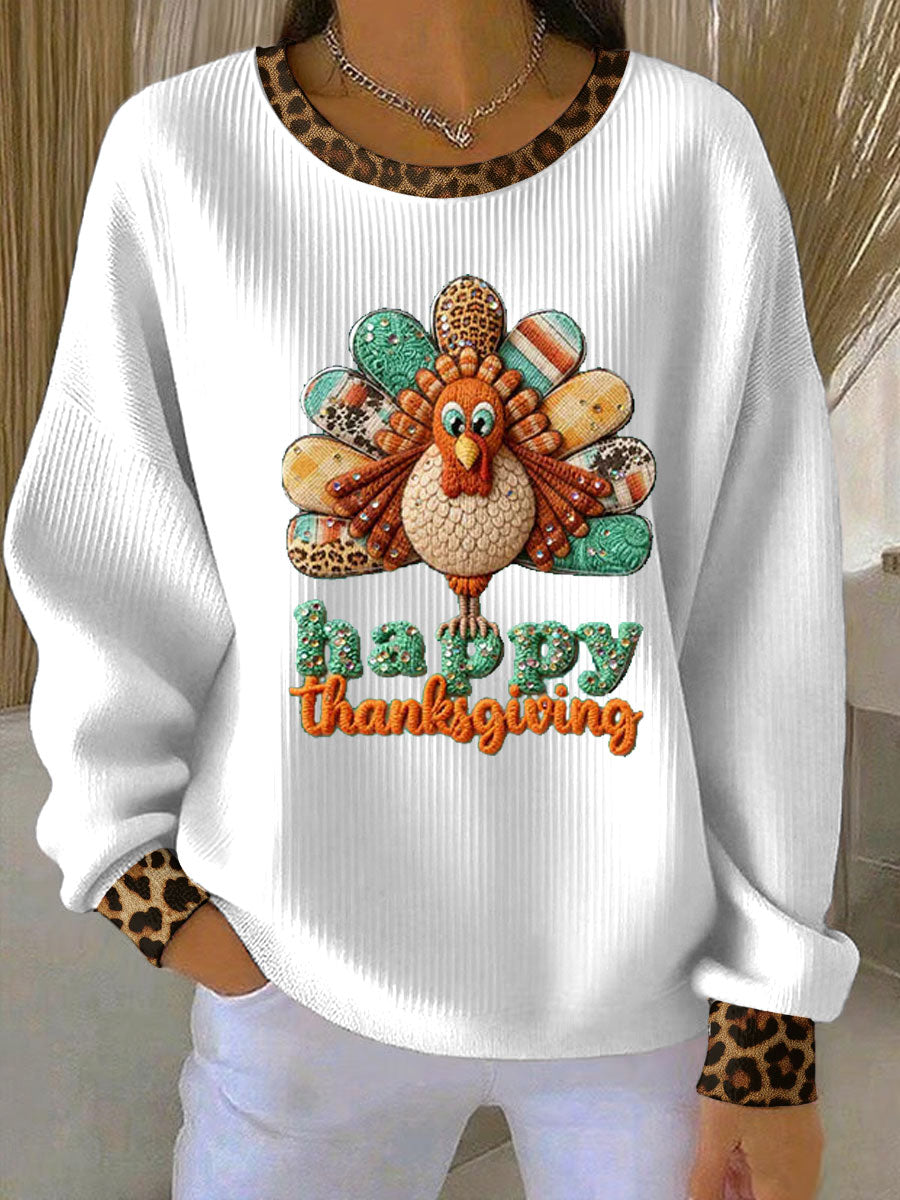 Women's Casual Thanksgiving Ribbed Round-Neck Sweatshirt