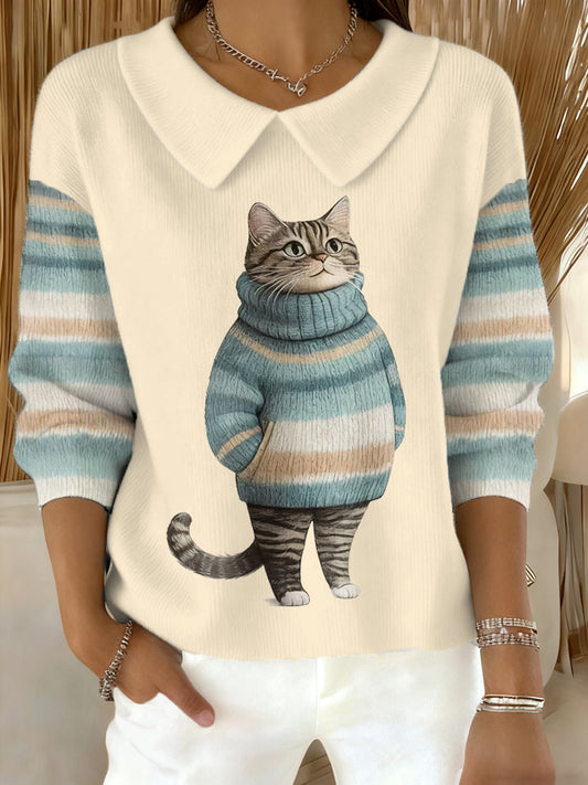 Women’s Cute Winter Cat Print Cat Lovers Casual Doll Collar Top Apricot / S