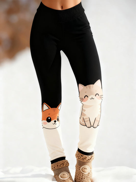 Women’s Retro Cute Animal Cat Abstract Print Casual Leggings Black / S