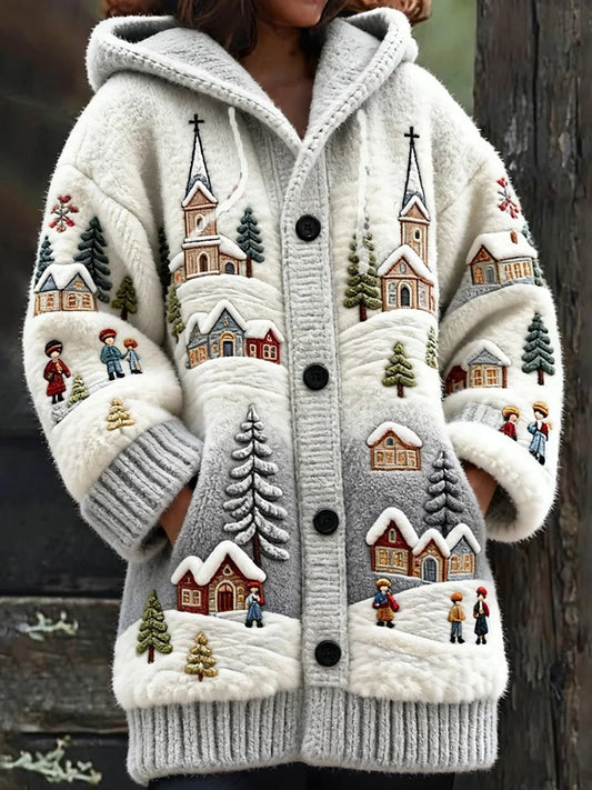 Women’s Retro Christmas Art Print Casual Midi Hooded Cardigan A / S