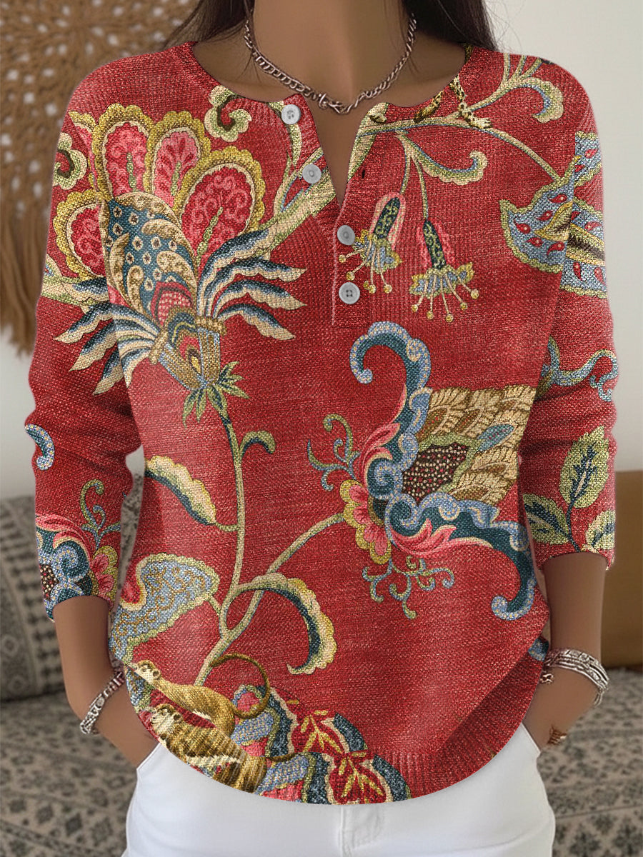 Women's Red Vintage Floral Henley neck sweater