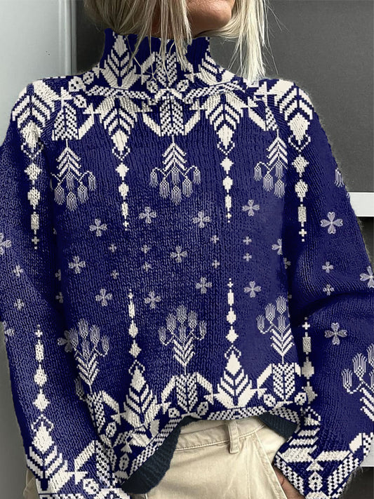 Women's Blue Geometric Flora lRoll-Neck Sweater