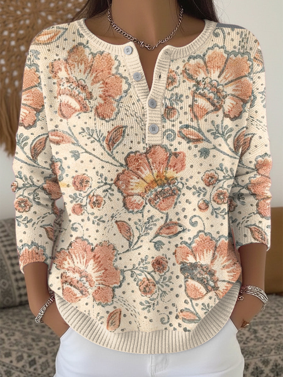 Women's Apricot Floral Elegant Henley neck sweater