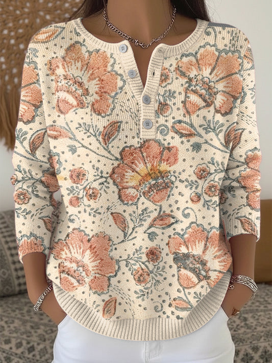 Women's Apricot Floral Elegant Henley neck sweater