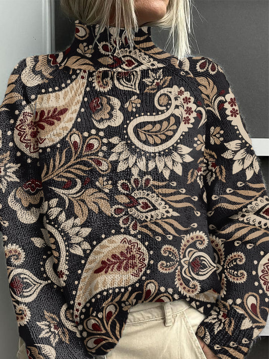 Women's Black Paisley Casual Roll-neck sweater