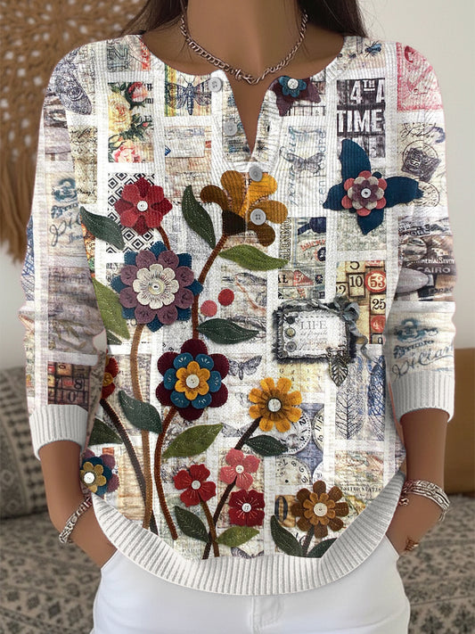 Women's Floral Patchwork Print Henley neck sweater