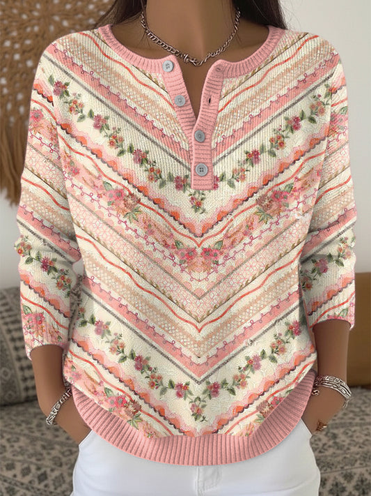 Women's Pink Striped Floral Henley neck sweater