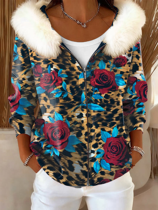 Women's Floral Leopard Print Fur-Trimmed Hooded Jacket
