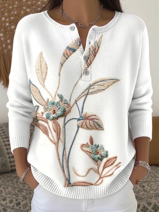 Women's Floral Embroidered Henley neck sweater