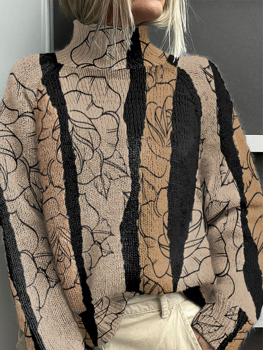 Women's Floral Fashion Striped Turtleneck Jumper