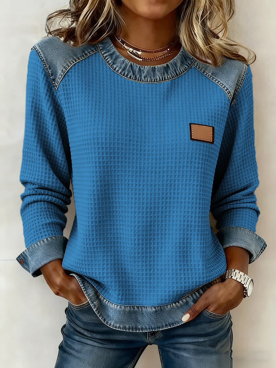 Women's Fashion Patchwork Design Waffle Sweatshirt