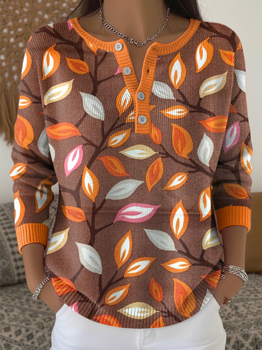 Women's Vintage Thanksgiving Colorful Autumn Leaf Art V-Neck Top