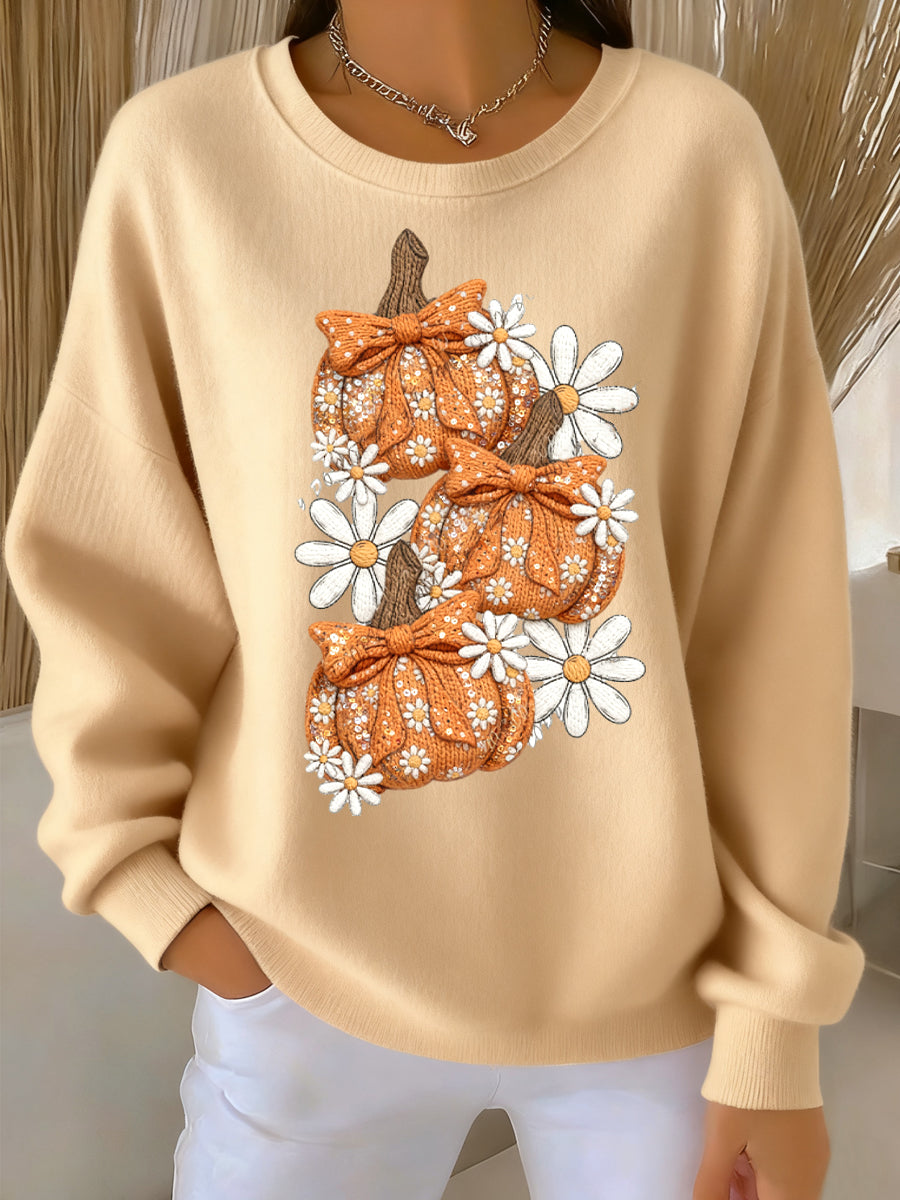 Women's Vintage Thanksgiving Pumpkin Daisy Casual Pullover