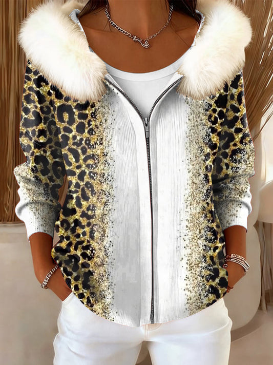 Women's Leopard Print Fur-Trimmed Hooded Jacket