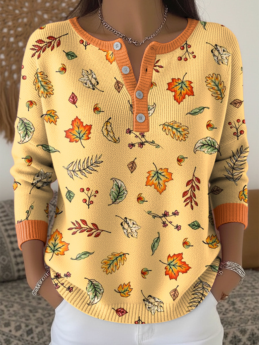 Women's Vintage Thanksgiving Autumn Leaf Art V-Neck Top