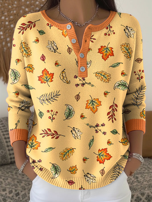 Women's Vintage Thanksgiving Autumn Leaf Art V-Neck Top