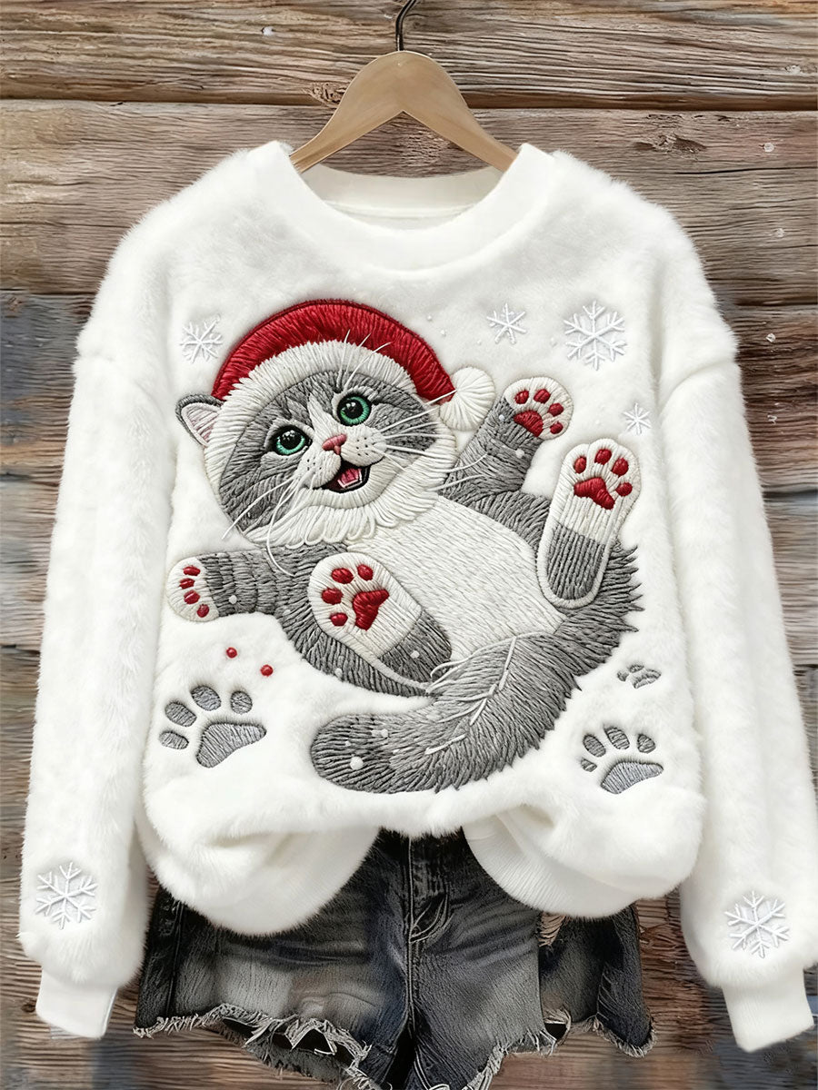Women’s Cute Christmas Cat Art Print Casual Flannel Sweatshirt White / S