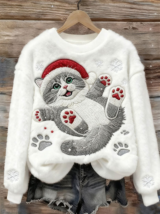 Women’s Cute Christmas Cat Art Print Casual Flannel Sweatshirt White / S