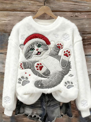 Women’s Cute Christmas Cat Art Print Casual Flannel Sweatshirt White / S