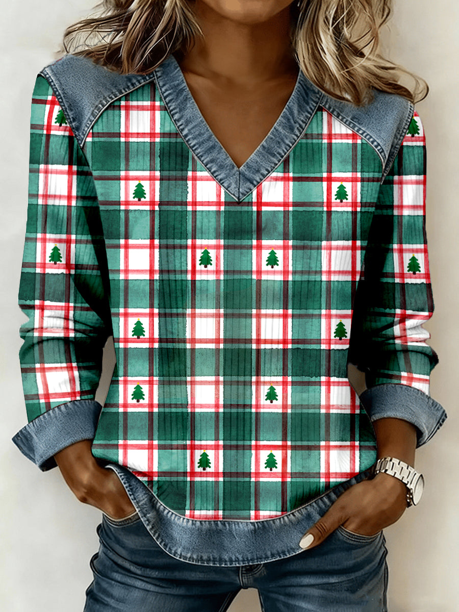 Women's Christmas Plaid Pattern Patchwork Art V-Neck Top
