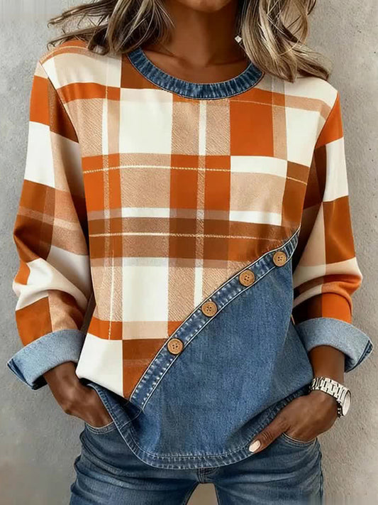 Women's Fall Plaid Pattern Patchwork Art Sweatshirt
