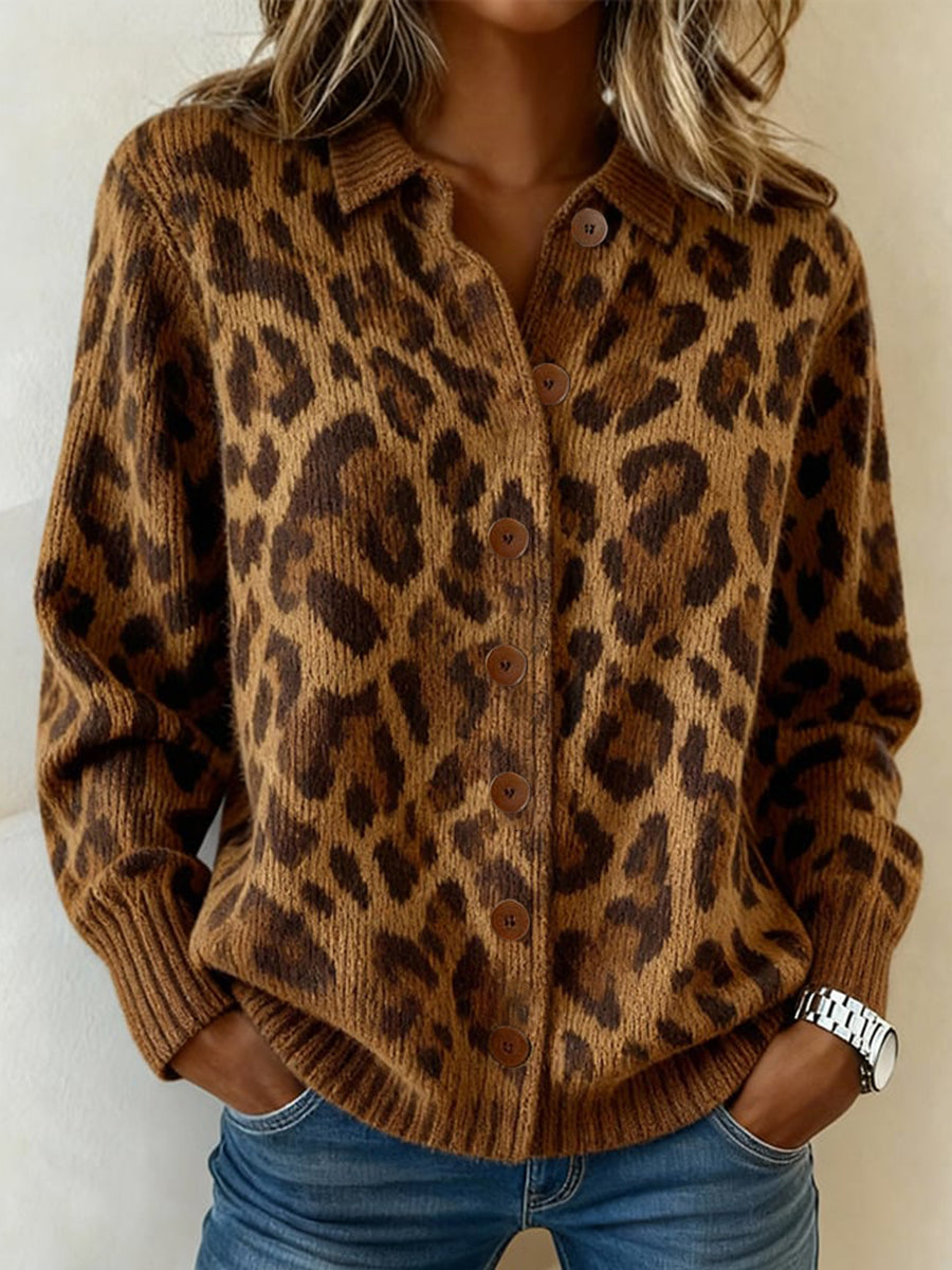 Women's Vintage Leopard Pattern Cozy Knit Cardigan