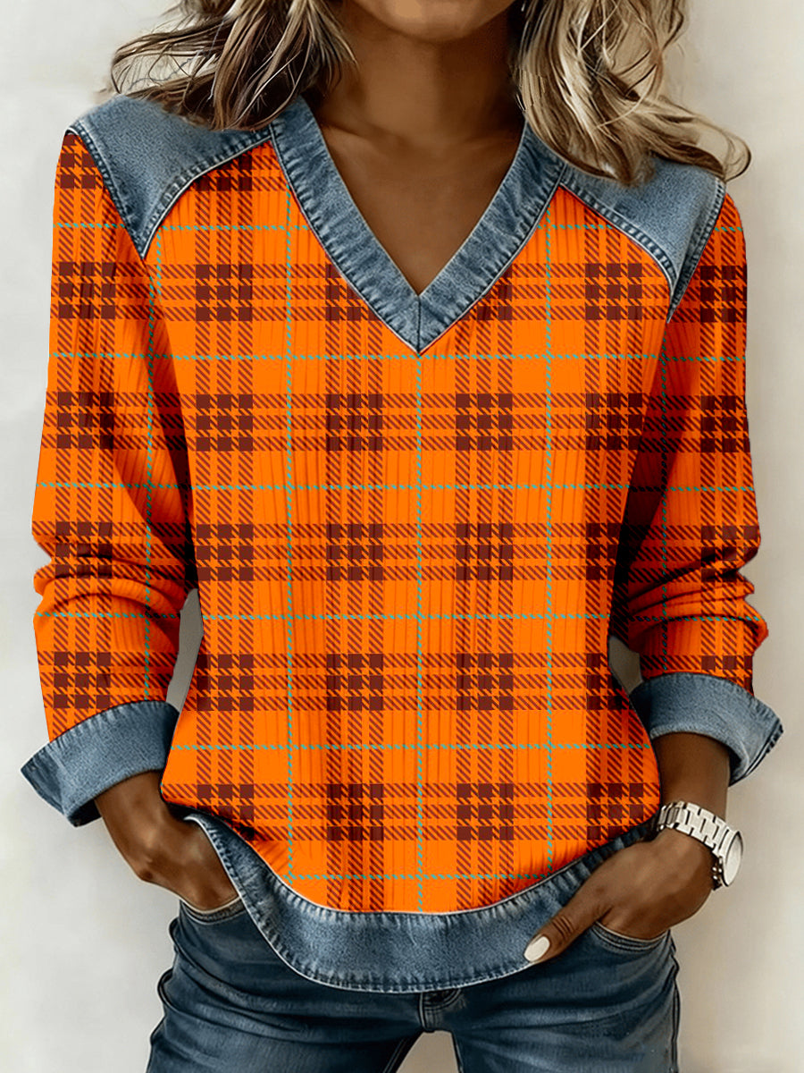 Women's Fall Plaid Pattern Patchwork Art V-Neck Top