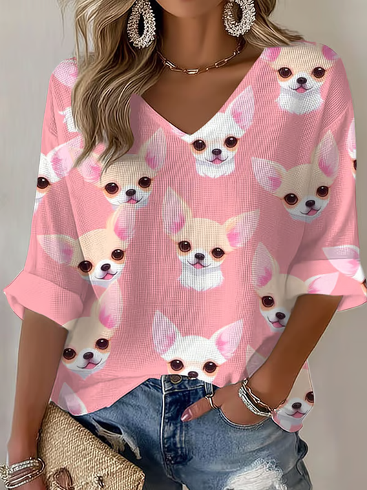 Women’s Chihuahuas Print Casual Waffle T-Shirt Pink / S