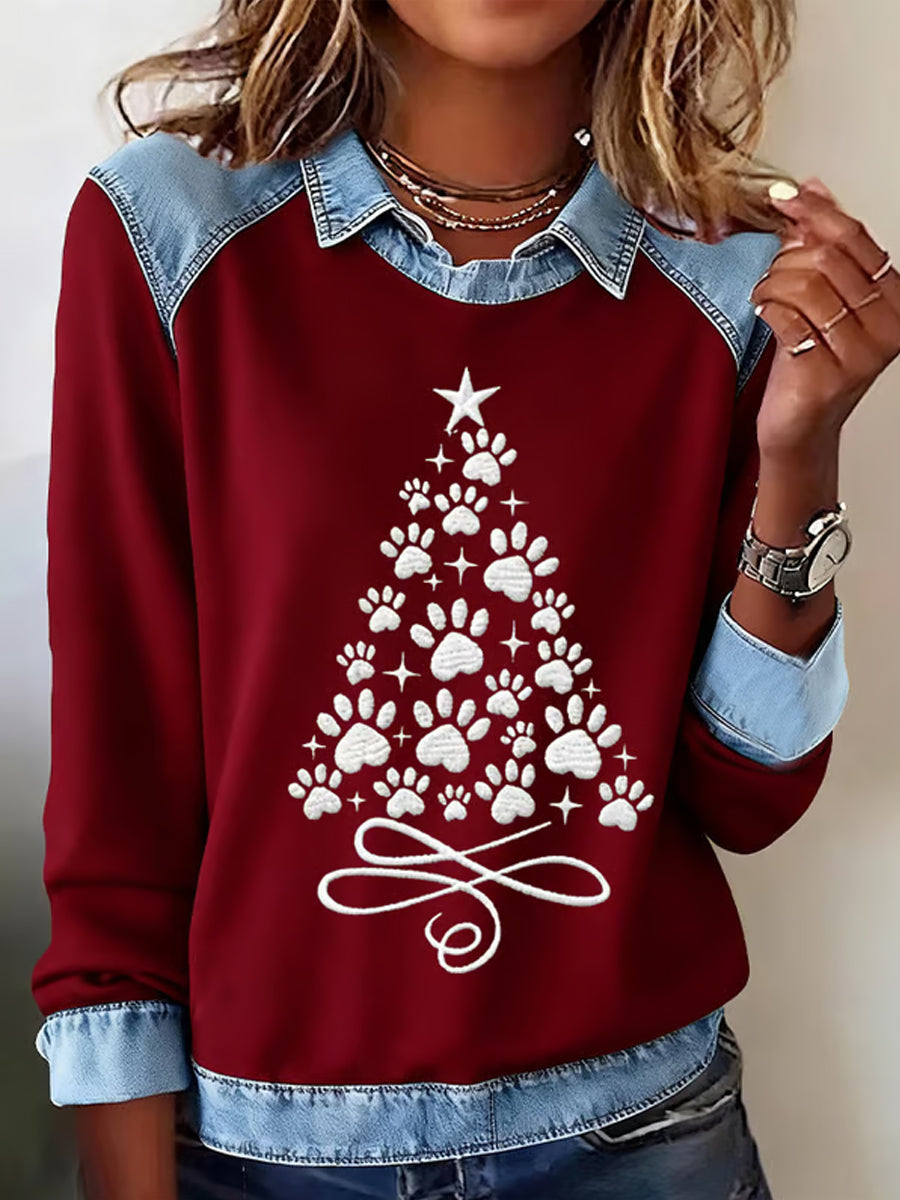 Women’s Paws Christmas Tree Print Casual Sweatshirt Deep Red / S