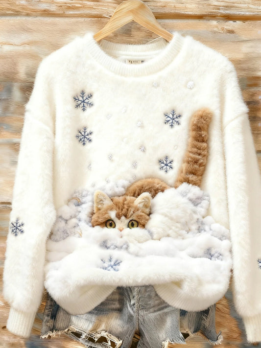 Women’s Retro Christmas Animal Art Print Comfortable Flannel Casual Sweater A / S