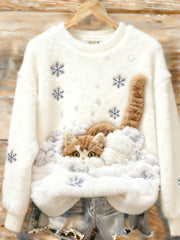 Women’s Retro Christmas Animal Art Print Comfortable Flannel Casual Sweater A / S
