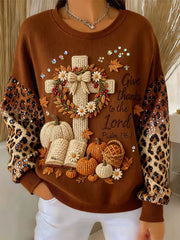 Women’s Thanksgiving Give Thanks To The Lord Cross Ribbed Round-Neck Sweatshirt Coffee / S