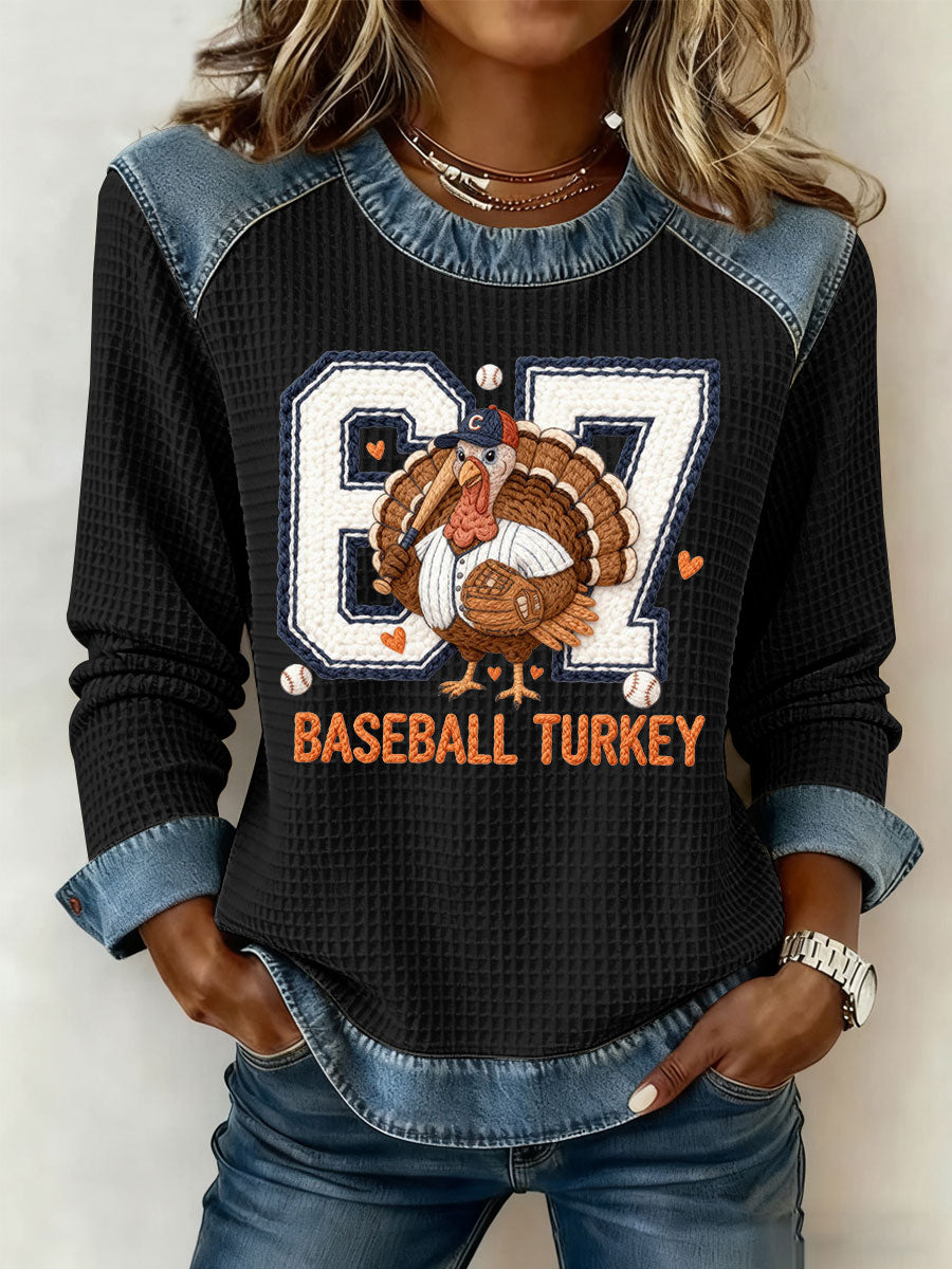 Women's Thanksgiving Baseball Turkey Denim Patchwork Waffle Top