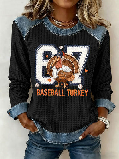 Women's Thanksgiving Baseball Turkey Denim Patchwork Waffle Top