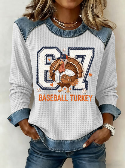 Women's Thanksgiving Baseball Turkey Denim Patchwork Waffle Top