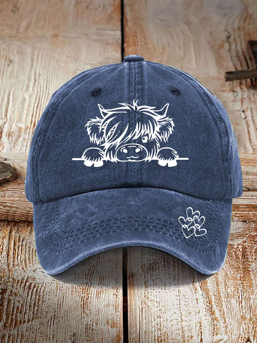 Highland cow print casual unisex cap Navy Blue / ONE