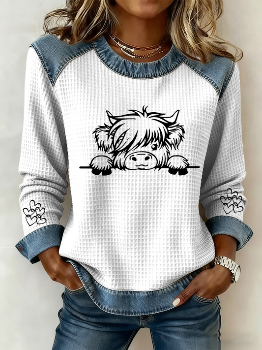Women’s Highland Cow Art Print Casual Top White / S