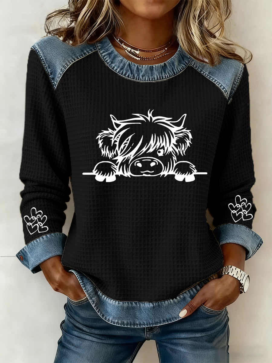 Women’s Highland Cow Art Print Casual Top Black / S