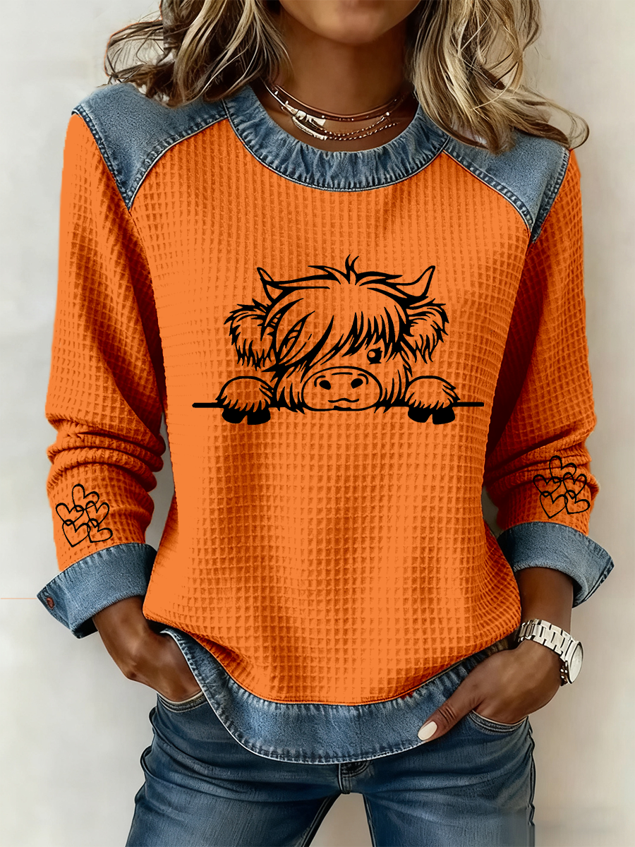 Women’s Highland Cow Art Print Casual Top Orange / S