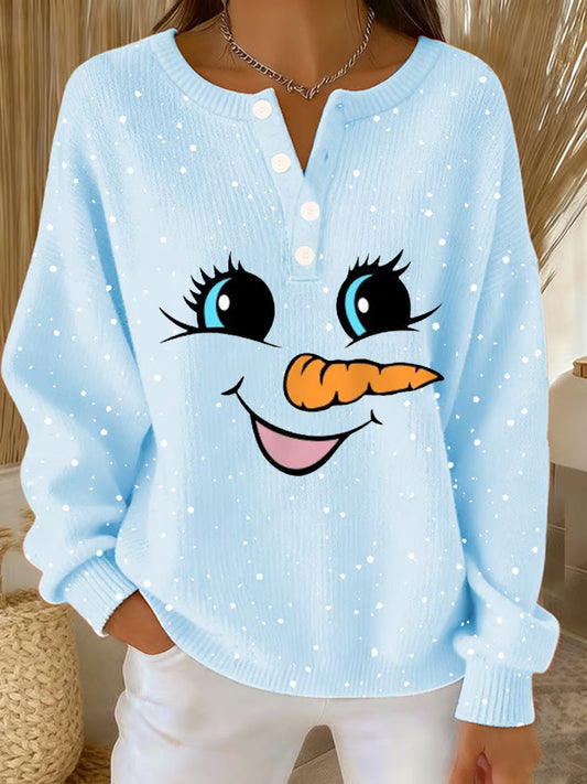 Women‘s Cute Christmas Snowman Print Casual Top Light Blue / S