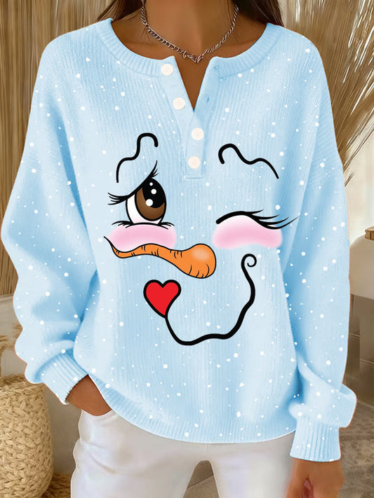 Women‘s Cute Christmas Snowman Print Casual Top Light Blue / S