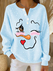 Women‘s Cute Christmas Snowman Print Casual Top Light Blue / S