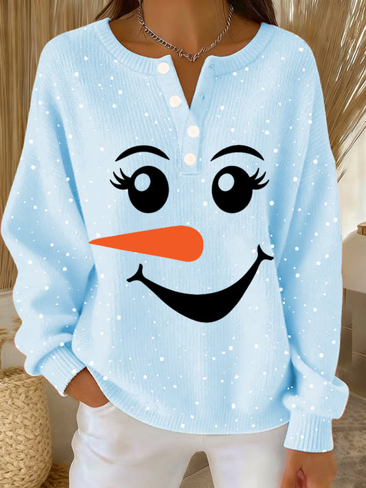 Women‘s Cute Christmas Snowman Print Casual Top Light Blue / S