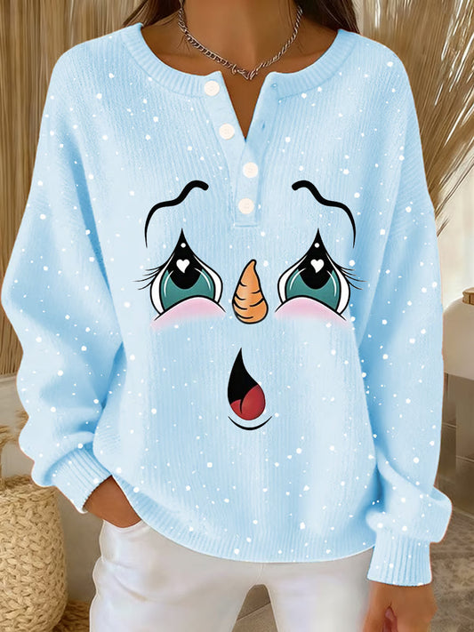Women‘s Cute Christmas Snowman Print Casual Top Light Blue / S